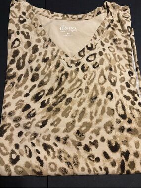 NIP Denim & Co. Animal Leopard Print V-Neck Knit Top Brown Tan Plus Size 3X